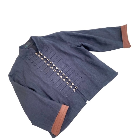 Peacock ways 100% linen navy open front coin detail jacket military style large - Picture 3 of 9